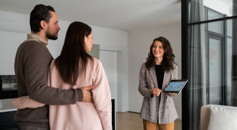 Estate agent showing a couple around