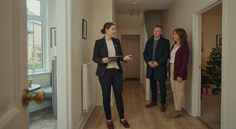 estate agent doing a property viewing around Christmas with a couple 
